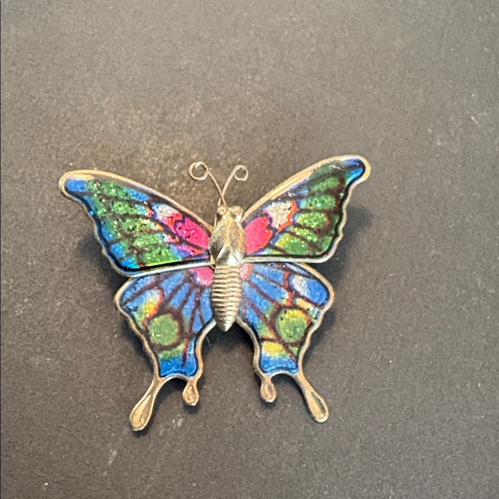 Vintage Enamel Butterfly Brooch Colorful Gold Tone Statement Pin - Picture 3 of 4